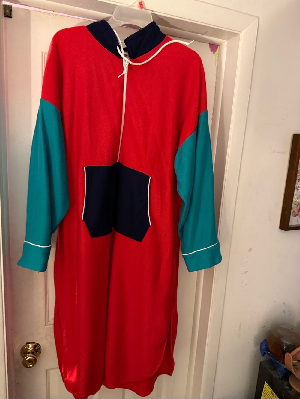 Woman Red Pajama Nightgown with Teal Sleeves